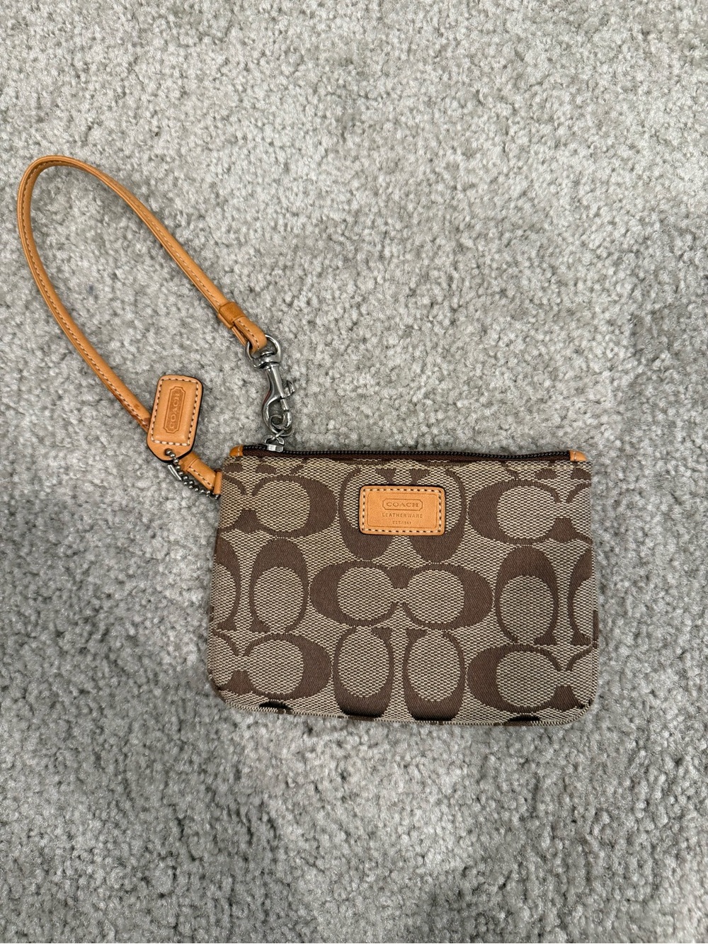 Coach Brown/Tan Signature Canvas Wristlet with Leather Strap
